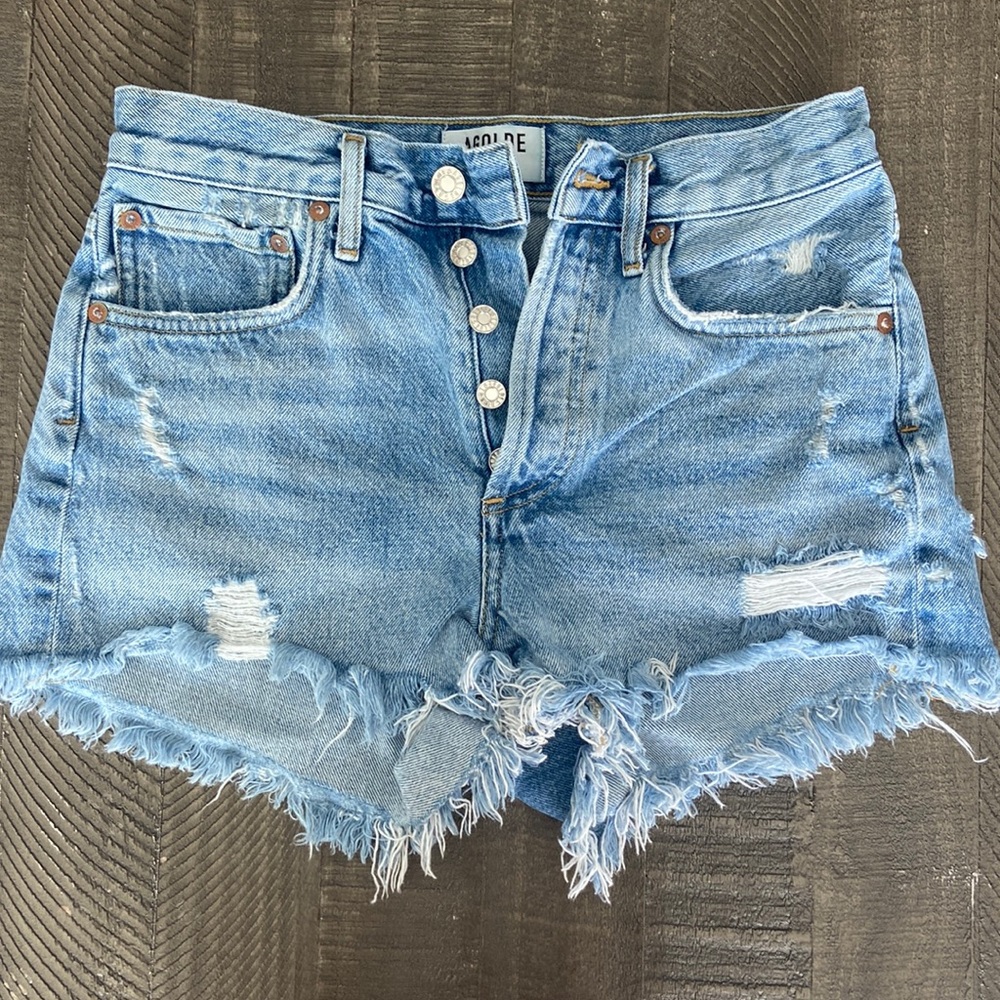 Agolde Light Blue Distressed Jean Shorts
